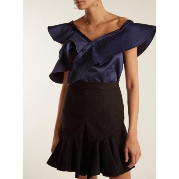 Self-Portrait royal blue off shoulder ruffled blouse in duchess satin size 6 - Picture 16 of 16